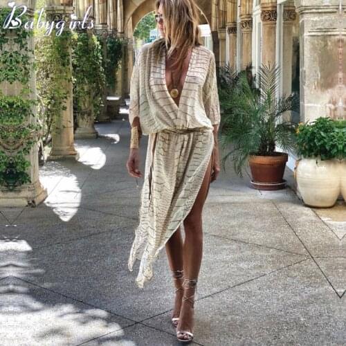 2021 Boho Sexy Striped Print Chiffon Bathing Suit Cover-ups Plus Size Beach Wear Kimono Long Dress for Women Summer Swimsuit