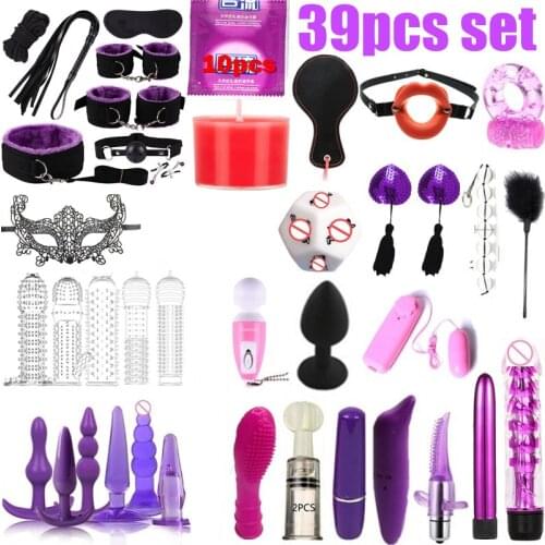 39pcs Sex Toys for Men Women BDSM Sex SM Products Collar Whip Gag Anal Plug Vibrator Handcuffs Slave Bondage Set Adult SEX Games