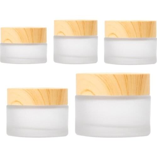 5pcs Empty Bottle Set Wood Grain Lid Glass Cream Jar Face Cream Eye Cream Dispenser Outdoor Travel Refillable Cosmetic Container