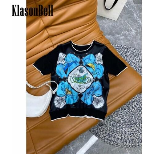6.4 KlasonBell Silk Patchwork Print Loose Fashion Comfortable T-Shirt Women