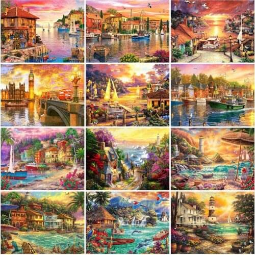 Huacan 5D Full Diamond Painting City Seaside Diamond Mosaic Embroidery Landscape Picture Of Rhinestones Home Decoration