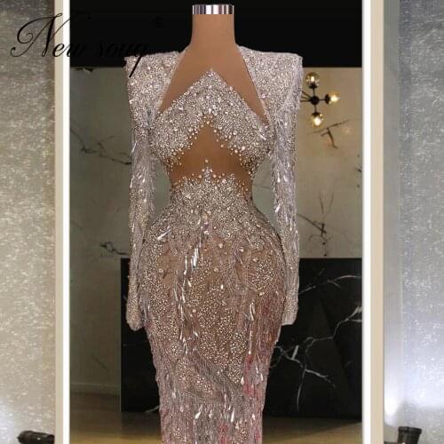 Sparkly Arabic Beaded Prom Dresses Floor Length Party Dresses For Women Cut Out Graduation Dresses Robe De Soiree Evening Wear