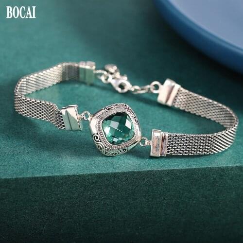 BOCAI New 100% s925 Silver Jewelry Inlaid With Green Crystals 2021 Fashion Trend Womens Bracelet