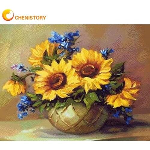 CHENISTORY DIY Oil Paint By Numbers Kits 60x75cm Frame Sunflower And Blue Flower Painting By Number Handmade Home Decoration