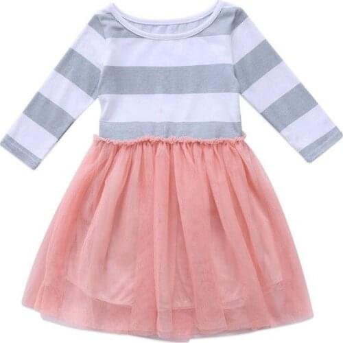 Kids Baby Girl Striped Tulle Patchwork Long Sleeve Princess Dress Party Wedding Pageant Formal Dress Clothes