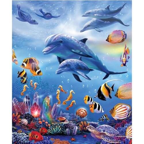 5D DIY Diamond Painting Dolphins Animal Full Round Diamond embroidery Cross stitch Diamond crystal Wall Painting TT015
