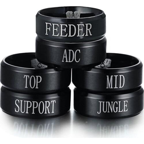 Game Anime Peripheral Ring for Men and Women Black Stainless Steel LOL Ring Team Ring,Top Jungle Adc Mid Support Engraved