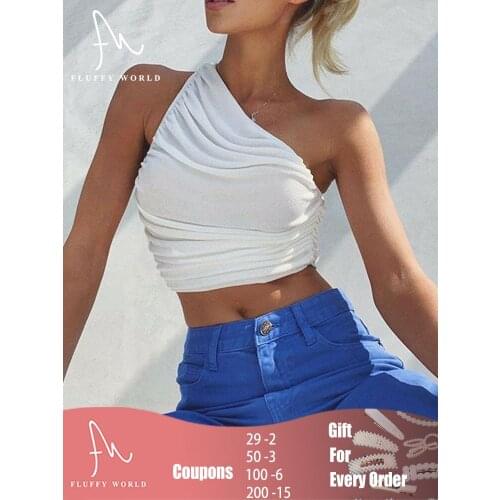 Summer Casual One Shoulder Women Crop Top Sleeveless Shirts Beach Blouse Ruched Tank Top Solid Ladies Plain Short Tanks Camis