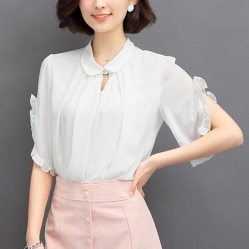 Summer Women Ladies White Pink Korean Cute Elegant Chic Collared Plus Size Ruffle Short Sleeve Chiffon Blouses Shirts Tops 2021