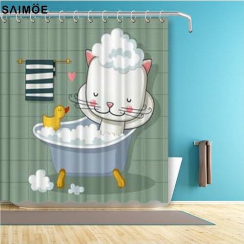 Cute Cat Taking A Bath Bathroom Curtain 3D Cartoon For Kids Waterproof Shower Curtain Polyester Fabric Bath Curtain Shower Sets
