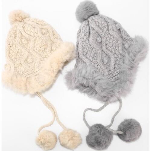 New simple Rabbit fur Beanie Hat3 Hair Ball Beanie Women Cute Beanies Hat Thickening Beanie Skullies Ladies Earmuffs Wool Hat