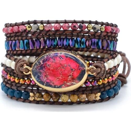 New Luxury Leather Wrap Bracelet W/ Natural Stones Weaving Statement Boho Bracelet Wholesale Dropshipping