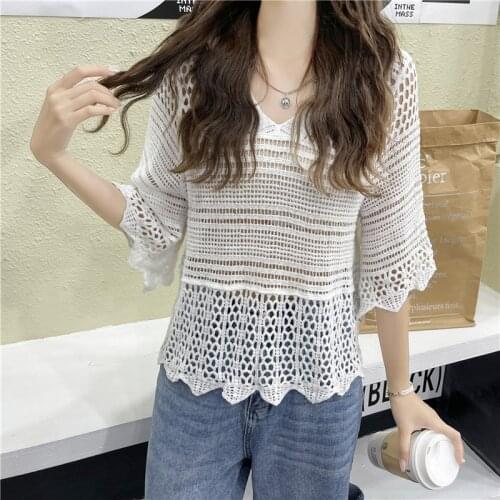 Sexy Woman Shirt Short Sleeve Blusas 2021 Summer New Korean Chic V-neck Hollow Knitted Blouse Sunscreen Holiday Tops 14126