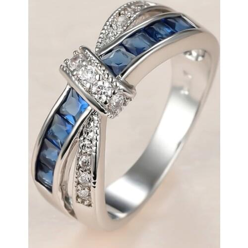 Luxury Female Blue Crystal Stone Ring Charm Silver Color Wedding Rings For Women Cute Bride Bowknot Zircon Engagement Ring