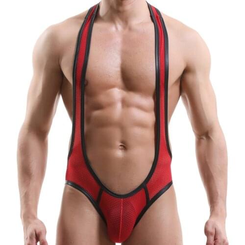 Mesh PU Leather Men Undershirts Jock Strap Open Butt Bugle Pouch Bodysuit Leotard String Wrestling Singlet Jumpsuits Underwear