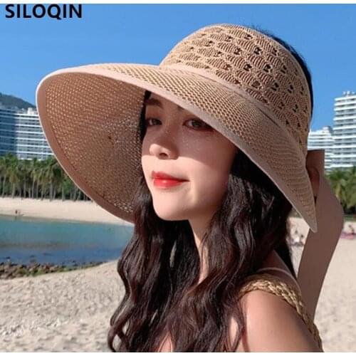 SILOQIN Foldable Summer Womens Panama Hat Sun Hats Bow Decoration Big Brim Sun Protection Beach Hat Female Empty Top Straw Hat