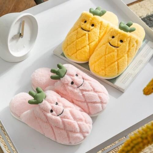 New Fashion Womens Cotton Slipper Autumn Winter New Fruit Lovely Pineapple Couple Shoes Round Toe Indoors Soft Home Flat Shoes
