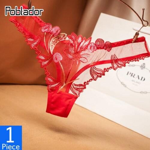 Poblador Sexy Womens Transparent Lace Panties Hollow Out Embroidery Thongs Low Waist Temptation Female Comfort Breathable Thong
