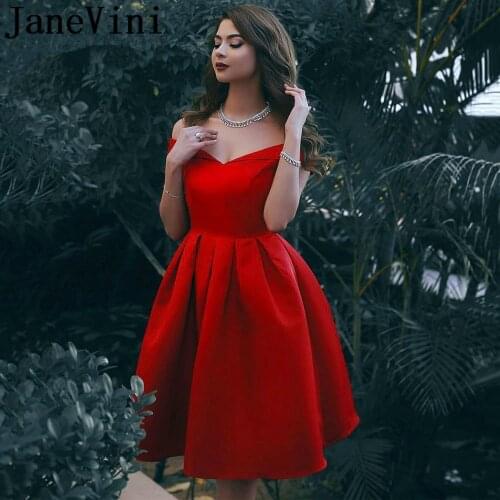 JaneVini Vintage Red Robes Cocktail Dresses Cocktail Short Satin A Line Girls Plus Size Knee Length Vestido Formal Corto 2019