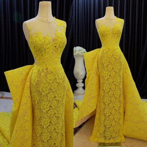 Yellow Muslim Evening Dresses Mermaid Cap Sleeves Lace Detachable Formal Dubai Saudi Arabic Long Evening Gown Prom Dress