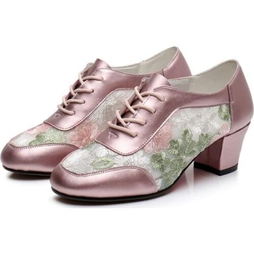 OLOMLB Womens Round Toe Floral Embroidery Satin Silk Lace Up Block Heel Mesh Breathable Shoes Low Top Plus Size Dancing Latin