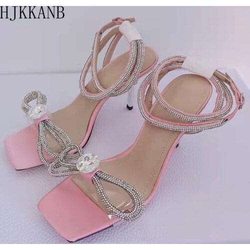 2021 Summer New Square Toe Rhinestone Bowknot High Heel Sandals Women Ankle Strap Narrow Band Sandalias Banquet Wedding Shoes