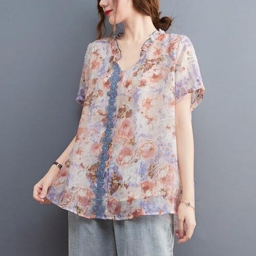 Women Summer Loose Casual T-shirts New Arrival 2021 Vintage Style V-neck Floral Print Patchwork Lace Female Tops Tees B453