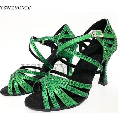 Ladies Dancing Shoes Stable High Heel 3inch 4inch Suede Outsole Green Satin Rhinestones Salsa Latin Dance Shoes For Women