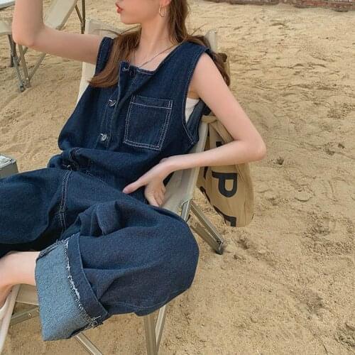 2021 New Denim One Piece Jumpsuits Women Summer Loose Fashion Sleeveless Jeans Playsuits Casual Overalls Lazy Style Wide-Leg