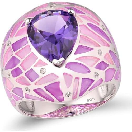 925 Sterling Silver Ladies Ring Purple Enamel Water Drop CZ Luxury Jewelry Fashion Finger Ring Birthday Present