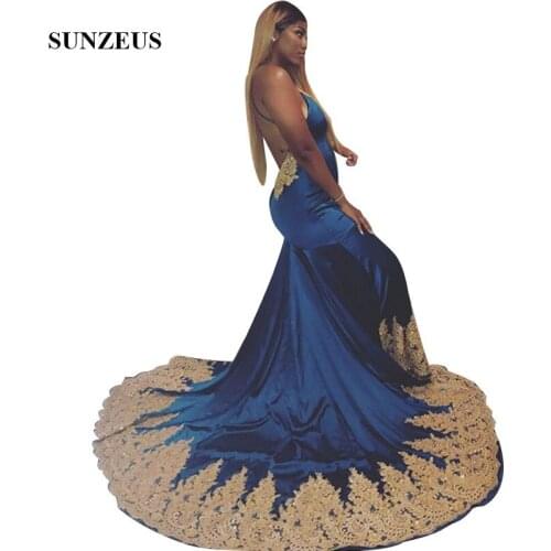 Blue Mermaid Prom Dress With Gold Lace Women V-neck Spaghetti Straps Backless Party Gowns Sexy vestido longo sereia