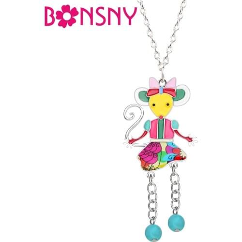 Bonsny Enamel Alloy Cartoon Mouse Rat Necklace Pendant Long Chain Fairy Tale Animal Jewelry For Women Girls Teens Birthday Gift