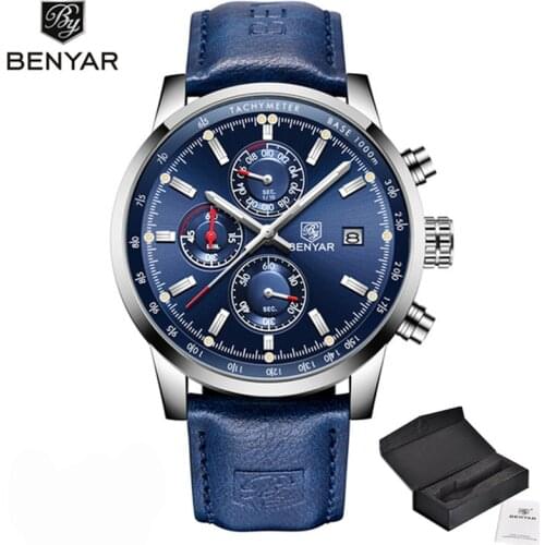 Mens Watches BENYAR Top Luxury Brand Military Quartz Wristwatch Male Fashion Chronograph Waterproof Leather Watch Reloj Hombre
