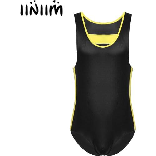 Mens Round Neck Teddies Bodysuit xcSleeveless Bodysuit Stretchy Patent Leather Patchwork Gymnastic Leotard Lingerie Underwear