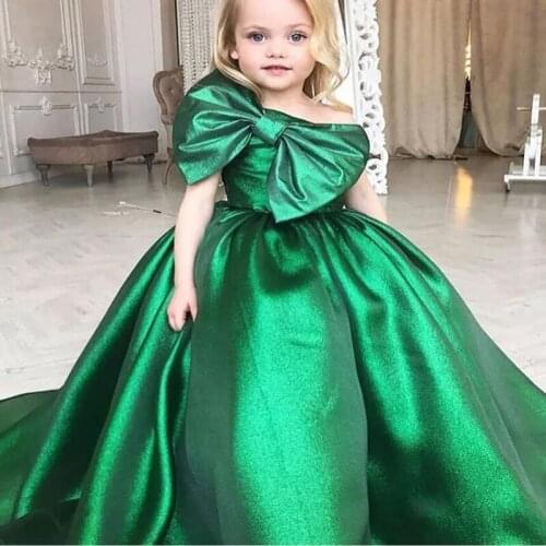 Emerald Green Ball Gown Girls Pageant Dresses 2020 One Shoulder Flower Girls Dresses Big Bow First Communion Dresses for Girls