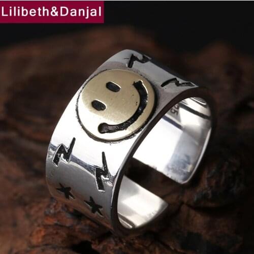 925 Sterling Silver Silver Men Women Jewelry Vintage Smile face Engagement adjustable Ring Christmas gift Fine Jewelry R38