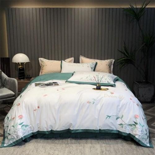 Natural Healthy Skin Egyptian Cotton Elegant Flowers Embroidery Woman Bedding Set Duvet Cover Quilt Cover Bed Linen Pillowcases