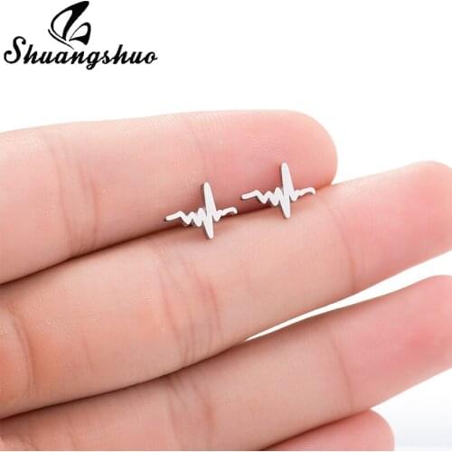 Shuangshuo Creative ECG Ear Studs Stylish Gold Color Stainless Steel Heartbeat Earrings for Women Girl Minimalist Jewelry