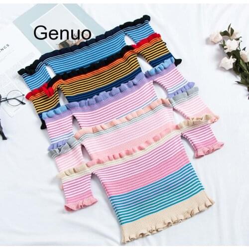 Summer Sweet Sexy Ruffles Striped Slash Neck Cropped T-shirts Women Short Sleeve Knit Crop Tops For Girls