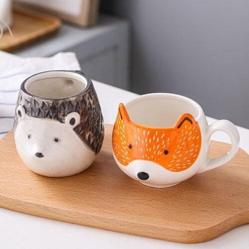 1pcs Cute Animal Cup Hand Painted Relief Ceramic Glass Lovely Fox Hedgehog Cow Coffee Cup Cartoon 3D Animal Milk Bottle