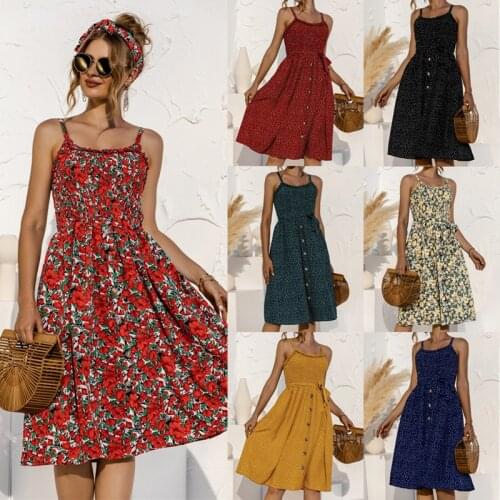 Sweet A-Line Floral Dress New Spring Polka Dot Womens Summer Dress Camisole Collar Vestidos Mujer Casual Knee-Length Midi Robe