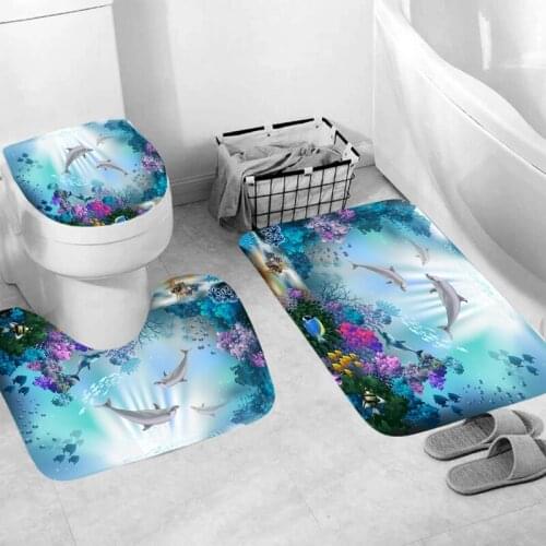 MLGB 3D Ocean Dolphin Shower Curtain Waterproof Toilet Cover Lid Bath Curtain Floor Mat for Bedroom