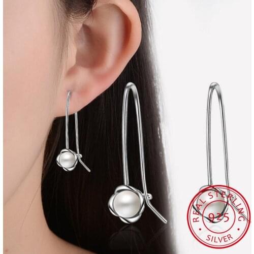 Fashion Temperament Pearl Inlaid Ear Hook 925 Sterling Silver Jewelry Female Hypoallergenic Flower Gift Dangle Earrings SE314