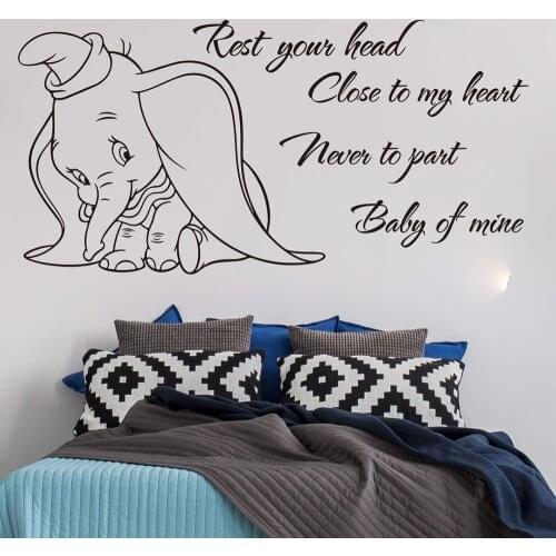 Cartoon Dumbo Rest Your Head Quote Wall Decal Baby Nursery Kids Room Large Inspirational Quote Elephant Animal Wall Sticker Art