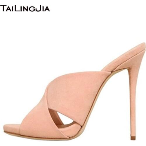 Peep Toe High Heel Slippers Slides for Women Heeled Mules Ladies Pink Sandals Sexy Heels Woman Summer Shoes Female Footwear