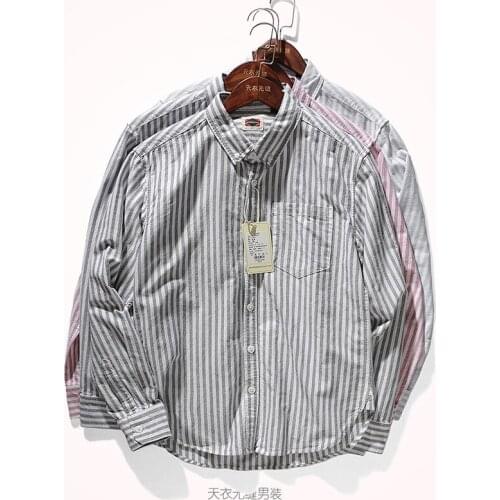 2021 Spring and Autumn New Japanese Retro Long-sleeved Lapel Striped Shirt Mens Fashion Youth Pure Cotton Oxford Casual Blouses
