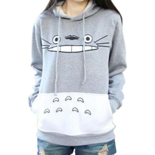 Autumn Unisex Casual Cute Cotton Hoodies Long Sleeve Warm Totoro Print Grey Pullovers Harajuku Style Plus Size Sweatershirt