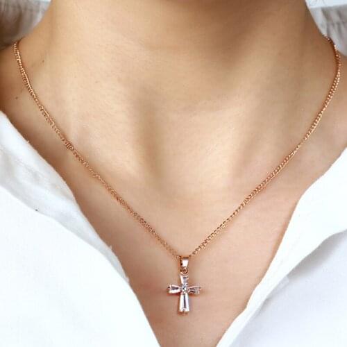 Rose Gold Color Cross Pendant Necklaces For Woman Crystal Pendant Cubic Zirconia Long Necklace Bijoux Jewelry