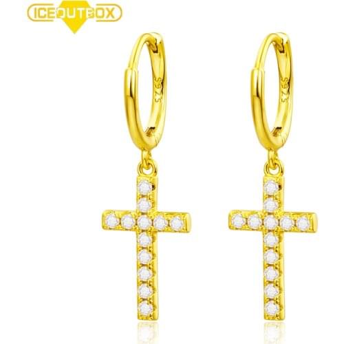 ICEOUTBOX Small Real 925 Sterling Silver Ankh Cross Earring For Man Women Micro Paved AAA Bling CZ Stone Earrings Ear Jewelry