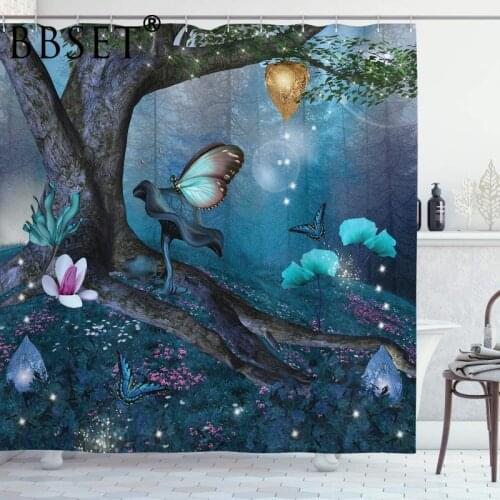 Fantasy Shower Curtain Enchanted Forest with Blooming Flowers Pattern Waterproof Multi-size Cortina De Bano Bathroom Decor